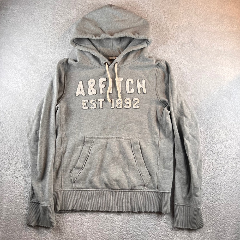 Abercrombie & Fitch Mens Muscle Fit Hoodie Gray Applique Logo Distressed Large